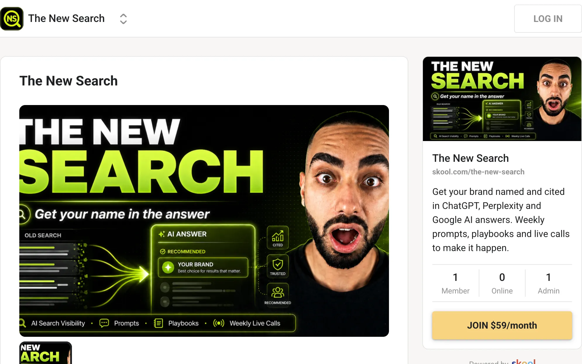 The The New Search community page on Skool